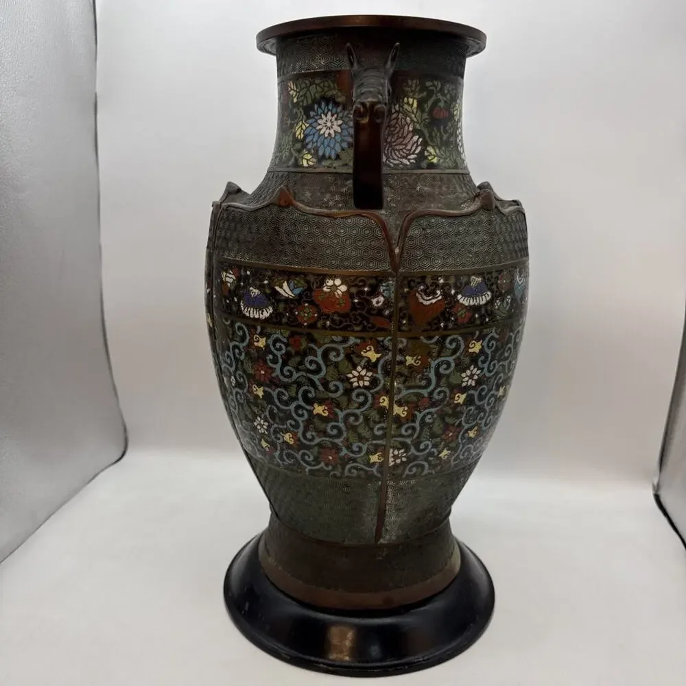17.5” Antique Japanese Bronze Champleve Cloisonné Enamel Vase Dragon Handles ⬇️